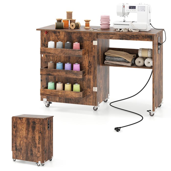 Table De Couture Pliante GIANTEX – Armoire Mobile Machine à Coudre Avec Roulettes, 3 Étagères, Tiroir, 18 Patères – Idéale Petits Espaces