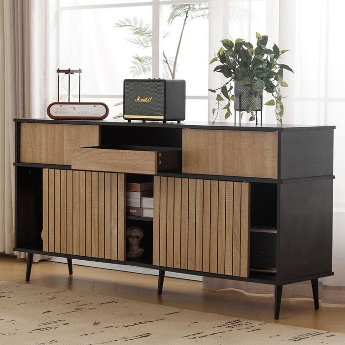 Buffet moderne 160x40x80 cm avec 4 portes coulissantes Buffet de cuisine avec 1 tiroir Buffet salon en bois chêne combiné