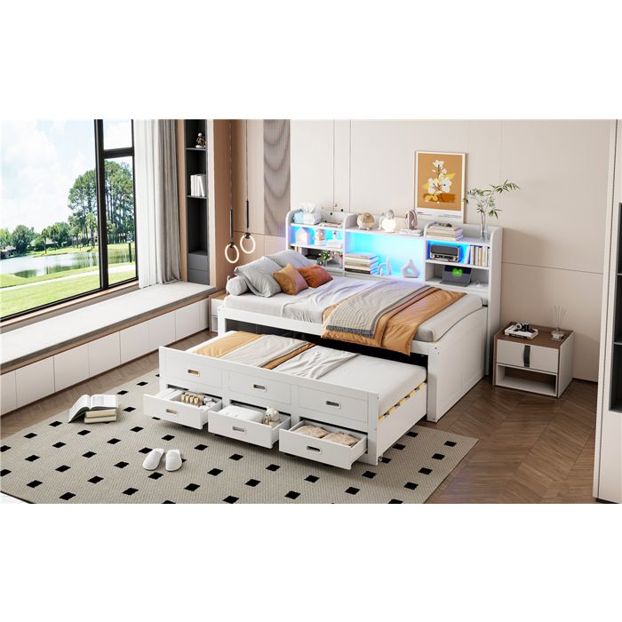 Lit gigogne 90x200 cm blanc avec bande LED télécommandée 3 tiroirs et ports USB et Type-C