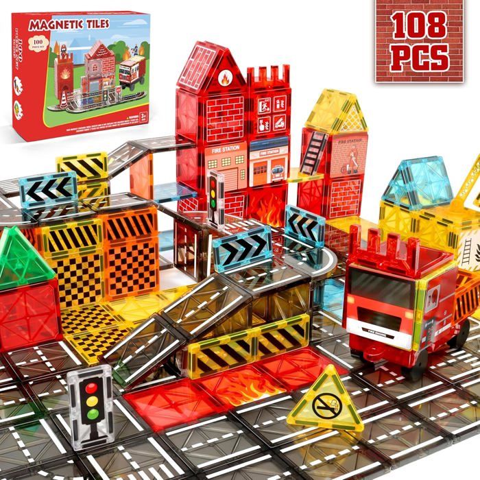 100 Pièces Construction Magnétique avec 2 Voitures, Blocs Magnetic