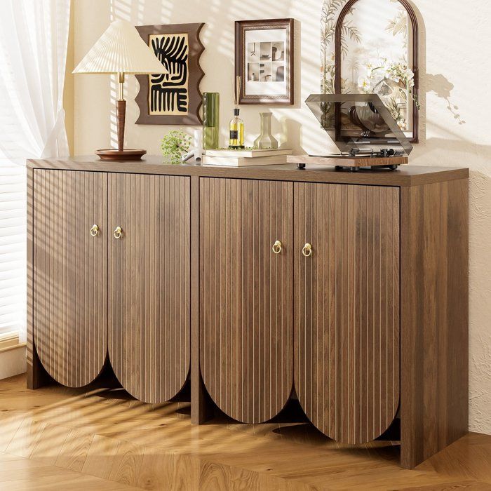 Buffet - 147×40×80cm avec 4 portes - étagères réglables et poignées en aluminium-armoire de rangement polyvalente - aspect noyer