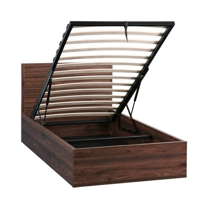 Lit coffre sommier à lattes et tête de lit 90x190cm décor bois noyer - Madere