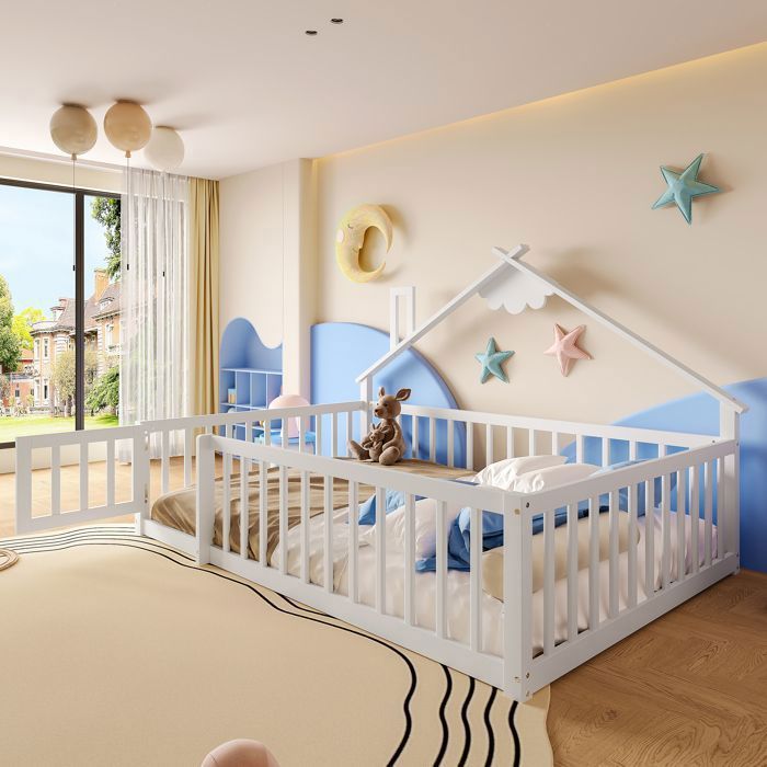 Lit cabane / lit enfant - MERAX - Lit évolutif 140x190 - Pin blanc - Barrière de sécurité - Sommier inclus Lit cabane / lit enfant - MERAX - Lit évolutif 140x190 - Pin blanc - Barrière de sécurité - Sommier inclus