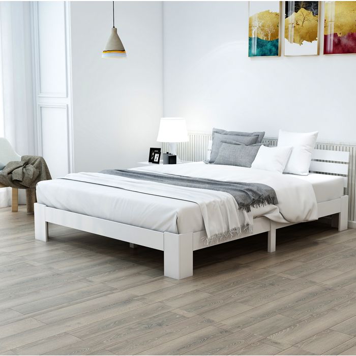 ULEVR lit double 140 x 200 cm en bois de pin blanc avec tete de lit et sommier a lattes