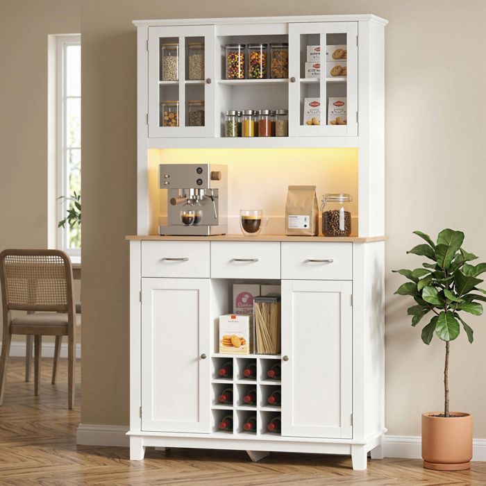 Buffet haut cuisine avec éclairage LED vaisselier 4 portes dont 2 en verre tiroirs porte-bouteilles blanc