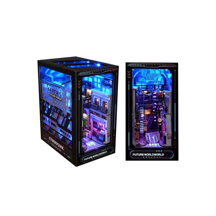 3D Book Nook Kit pour Adultes Serre-Livres Puzzle en Bois Cyberpunk avec Capteur de Lumière DIY Décor Dinsertion de Bibliothèque