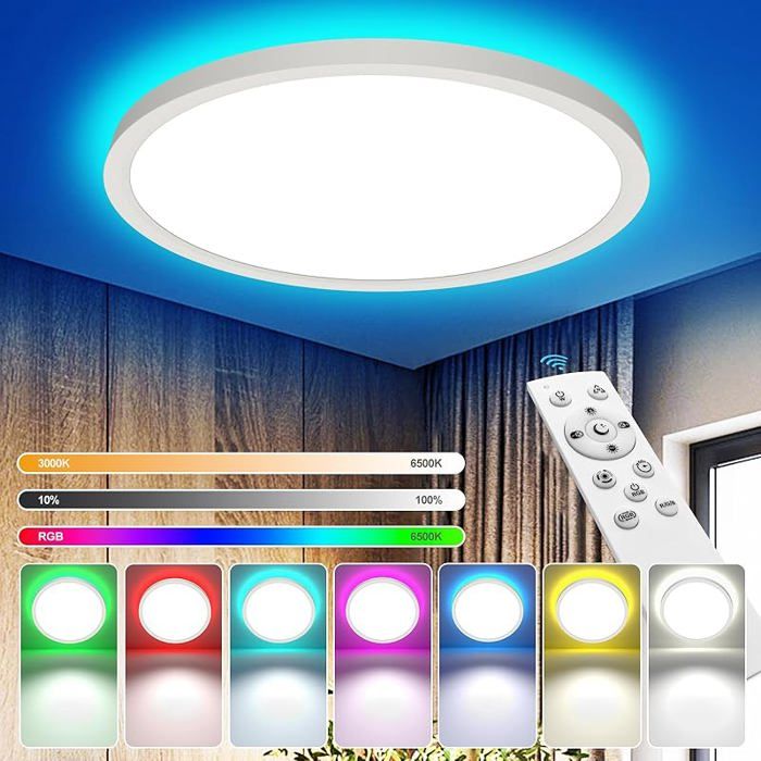 Plafonnier LED Dimmable Télécommande 24W RGB Rond luminaire plafonnier 2700LM éclairage de plafond 3000K-6500K 1 Pcs Rgb-clb LUSTRE