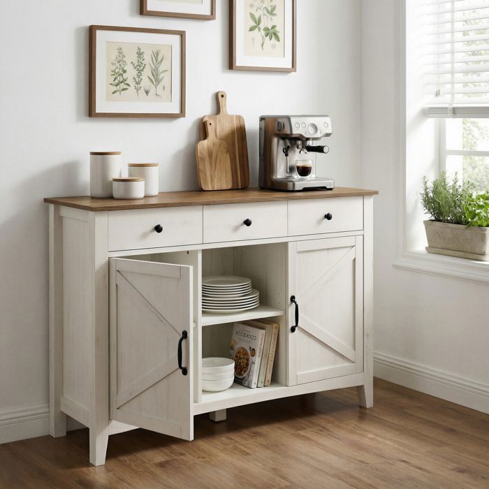 Buffet de Cuisine avec Étagère Réglable Meuble de Rangement avec Tiroirs Bahut pour Salle à Manger Style Campagne Blanc et Brun