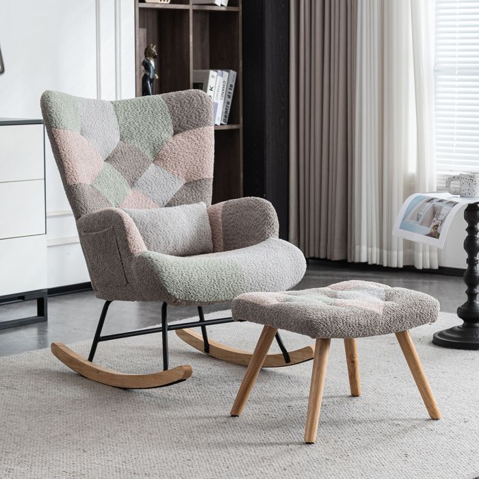 Fauteuil à bascule multicolore avec repose-pieds et coussin lombaire chaise à bascule patchwork en bois dhévéa pour salon