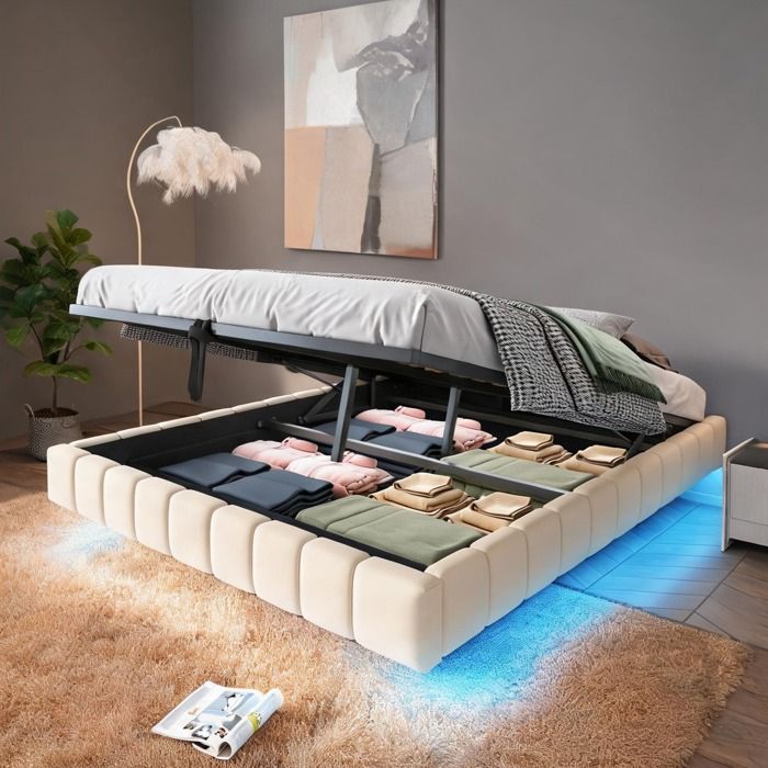 Sommier - Bannette flotante gainée lin beige 160x200 cm avec coffre à vérin et éclairage LED chambre adulte