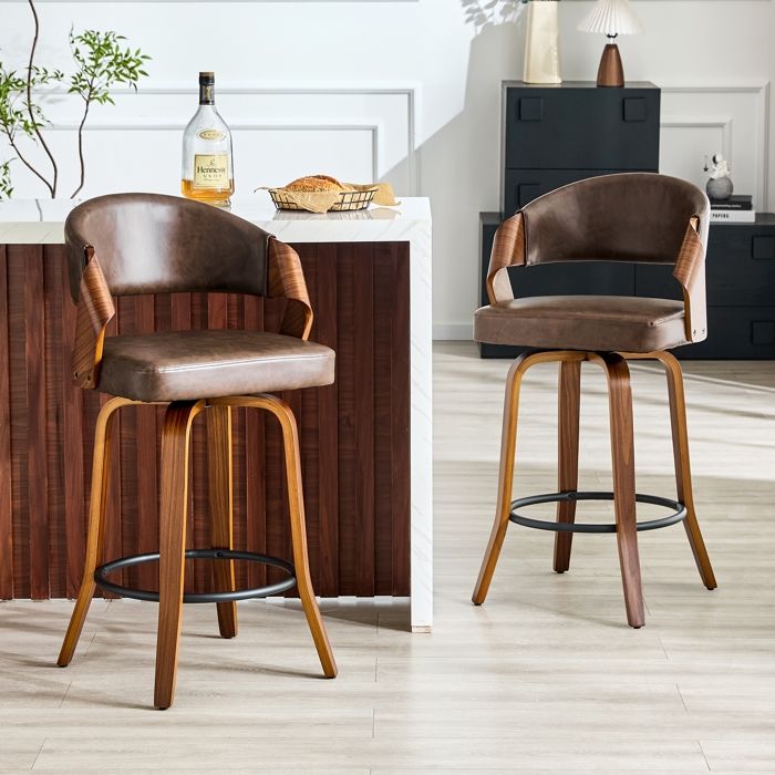 Lot de 2 Tabourets de Bar pivotant en Bois Cintré Noyer et PU Marron - Chaise de Bar avec Dossier et Repose-Pieds en Métal - Rétro