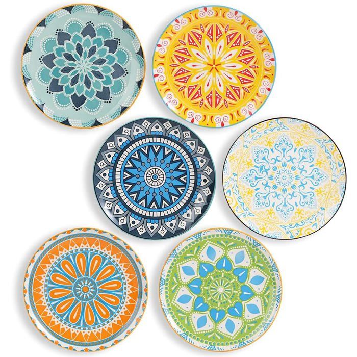 Assiettes Plates-Assiette Dessert Porcelaine-Lot De 6 Assiette Multicolore À SaladeFruitHors-DŒuvre Petit Déjeuner-20.3 Cm