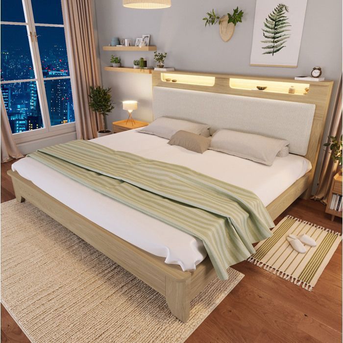 Lit double 180 x 200 cm en bois - avec tête de lit de rangement LED intégrée - Sommier à lattes - Beige et chêne clair - JOINERY