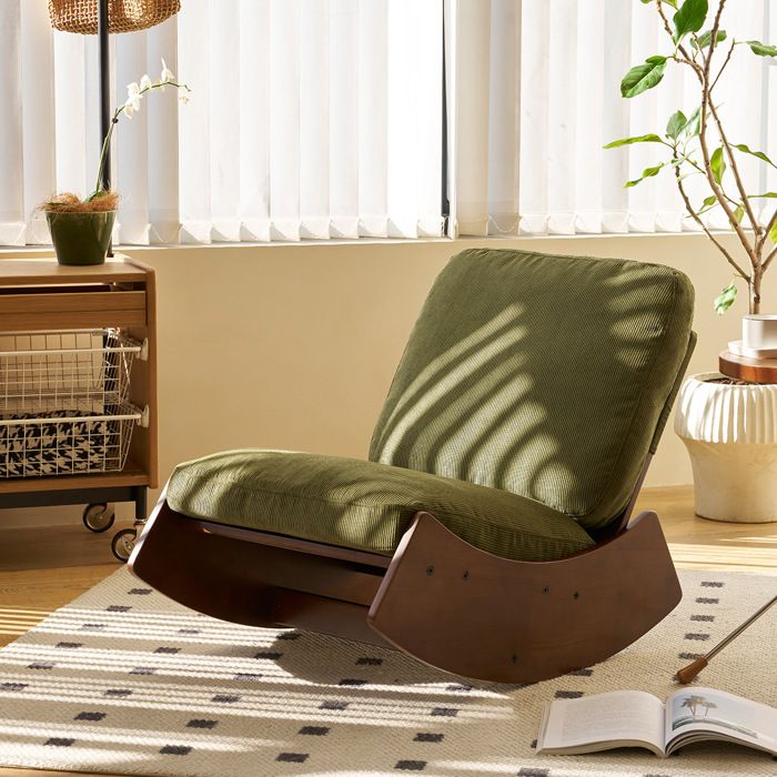 WOVREO Fauteuil à bascule 1 place en tissu côtelé vert structure en bois massif mouvement de balancement fluide