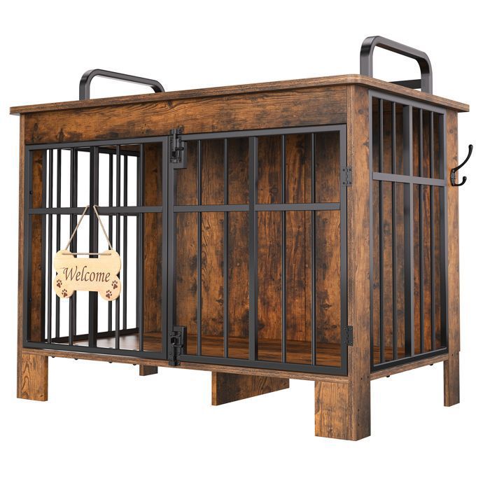Meuble niche chien YITAHOME 100cm double porte table dappoint brun rustique avec panneau anti-chute et panneau Bienvenue