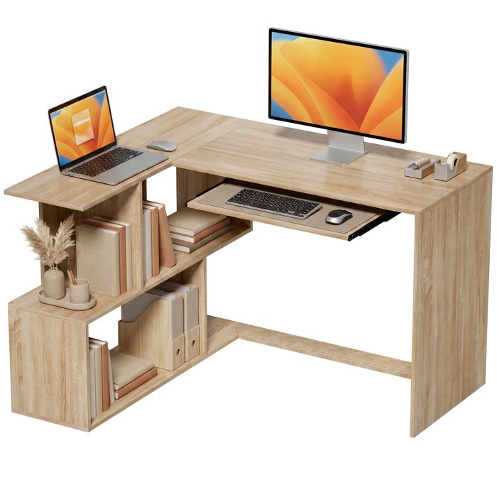 Bureau dangle - HOMCOM - plateau de clavier - bibliothèque 4 compartiments - bois - 120 x 100 x 76 cm - bois naturel