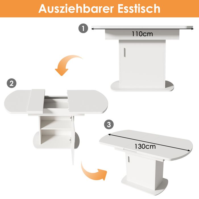 Table de Salle à Manger Extensible Ovale avec Rangement Intégré et Placard - TCQPZ - Blanc Poignée Argentée