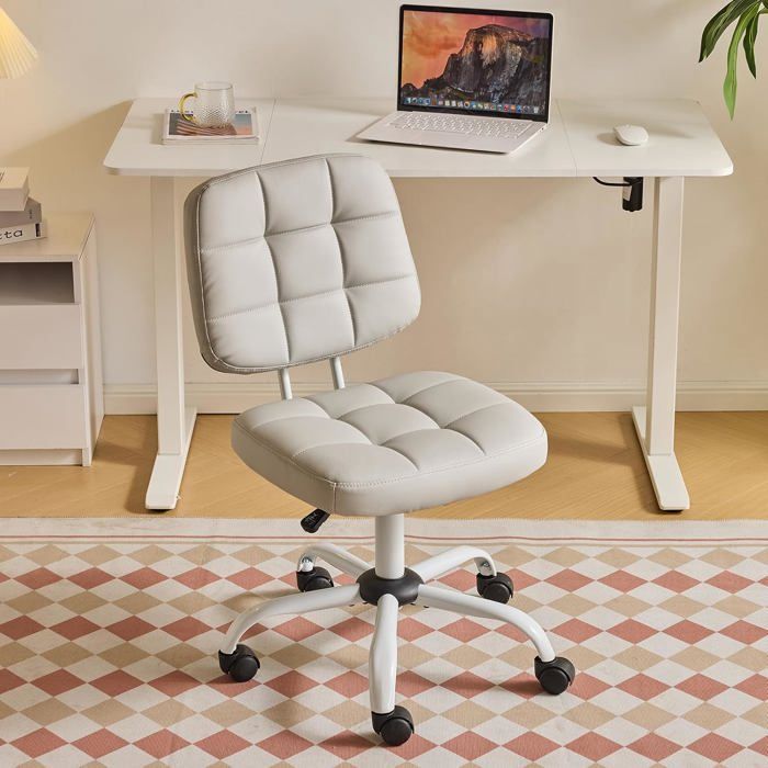 Chaise de bureau sans accoudoirs pivotante à roulettes hauteur réglable assise compacte en cuir PU gris clair pour chambre