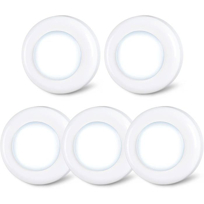 Lot de 5 petits spots LED tactiles à coller fonctionnement à piles pour intérieur plac Blanc Blanc Blanc Blanc  LAMPE A POSER