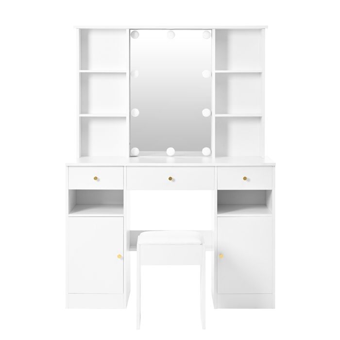 Grande coiffeuse avec éclairage LED réglable miroir et tabouret 3 tiroirs et 2 portes darmoire blanche