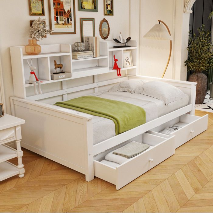 Lit Combiné 1 Place 2 Tiroirs et Étagères Style Banquette 90 × 200 cm sans Matelas Bois Massif Blanc