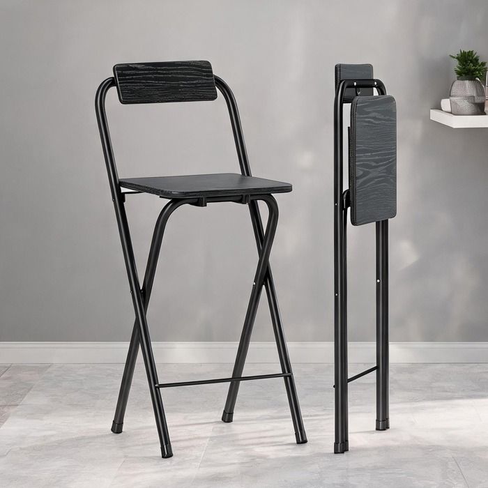 Lot de 2 tabourets hauts pliables en acier noir assise 32x32 cm H 87 cm design industriel avec dossier et repose-pieds