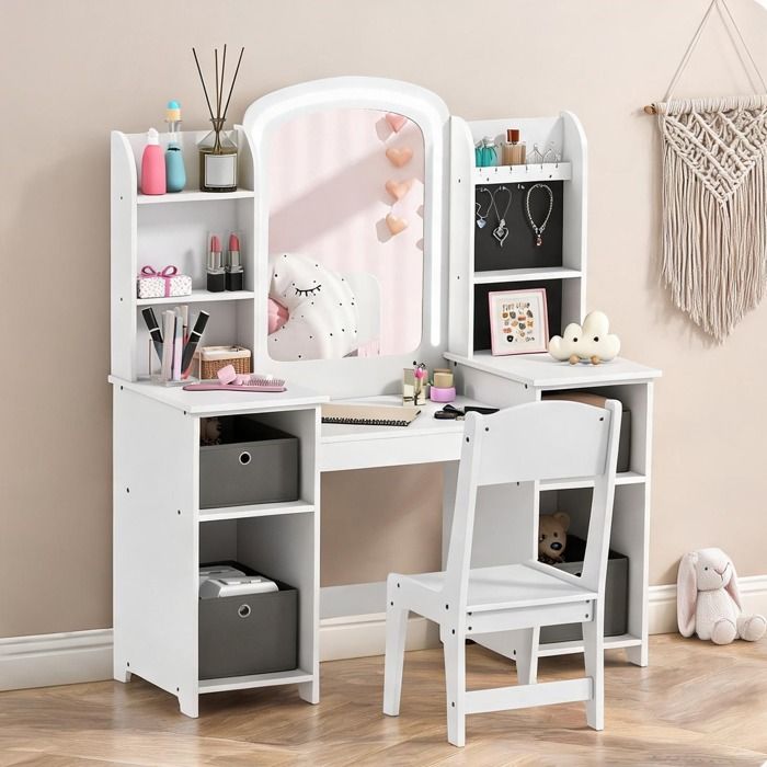 Coiffeuse enfant avec tabouret et miroir LED MDF blanc 104 x 40 x 112 cm rangements intégrés