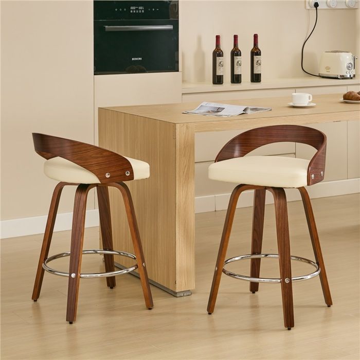 Lot de 2 tabourets de bar pivotants en bois avec assise moelleuse et dossier bas – hauteur 63 cm (beige)