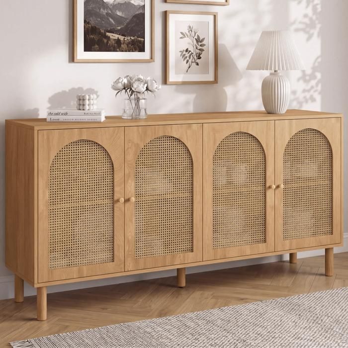 IDMARKET Buffet 160 cm VLORA 4 portes forme arche bois et cannage IDMARKET Buffet 160 cm VLORA 4 portes forme arche bois et cannage