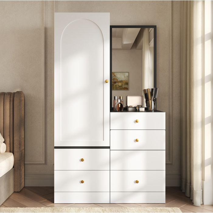 Armoire coiffeuse – miroir pleine longueur rangements et tabouret escamotable – blanc et noir