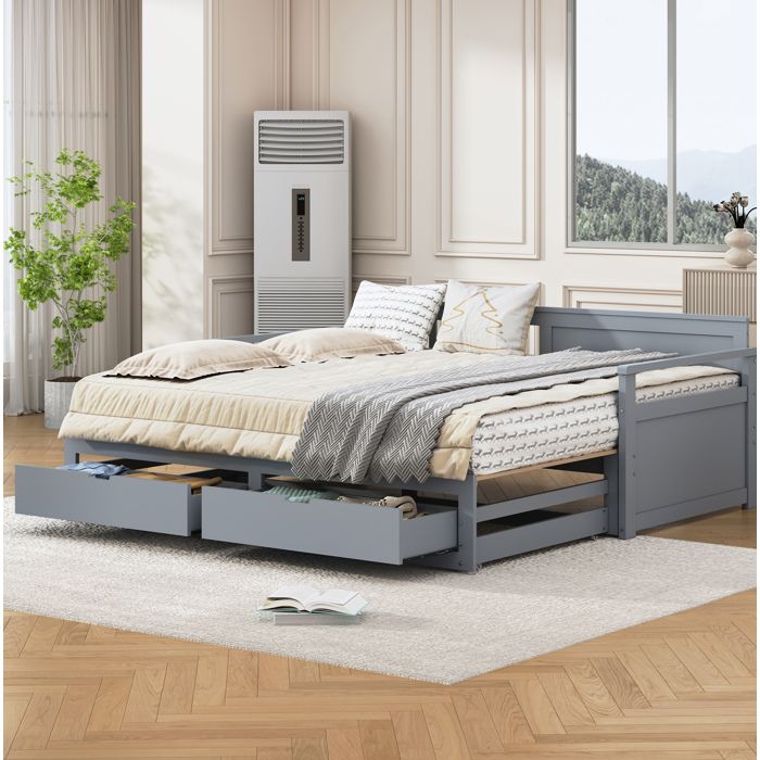 Lit banquette convertible 2-en-1 180x190 avec lit gigogne et 2 tiroirs en bois de pin gris ORVRYN