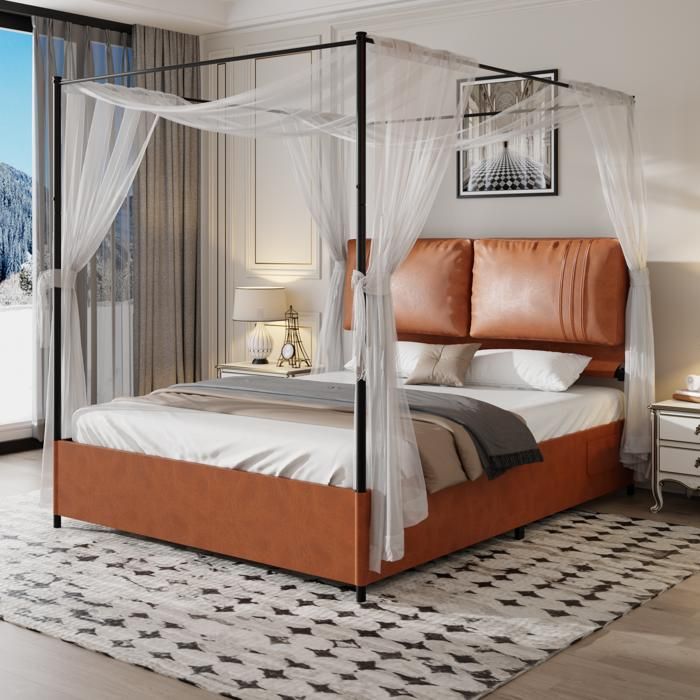 Lit à baldaquin luxe Logidon 160x200 simili cuir marron ciel de toit amovible