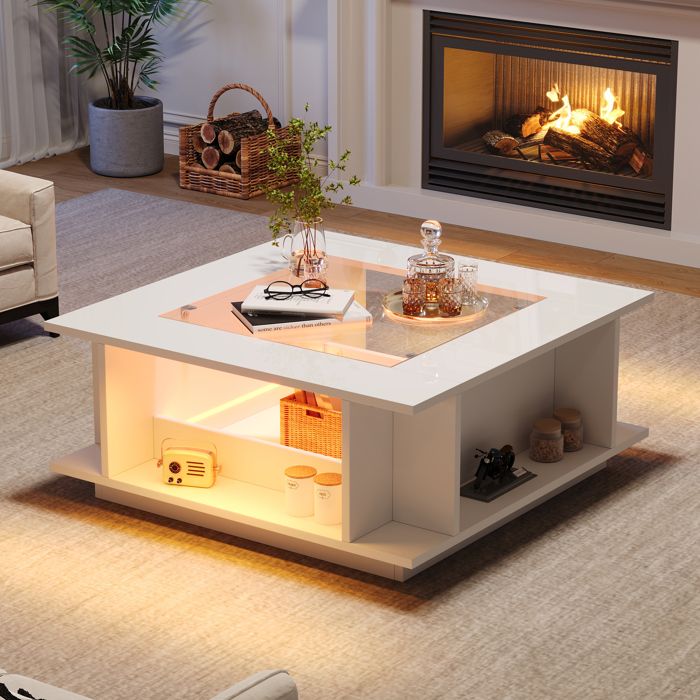 Table Basse HOMPANY Carrée 70x70x30 Cm Blanc Plateau Verre LED Panneau De Particules Charge 30 Kg