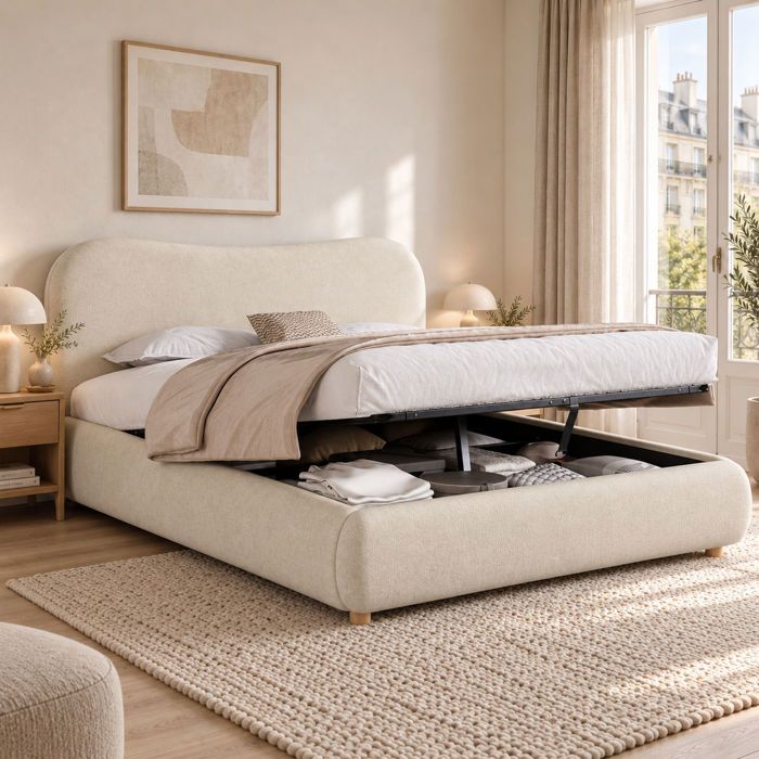 Lit Coffre 160x200 cm avec Rangement Hydraulique et Tête de Lit Rembourrée - Beige