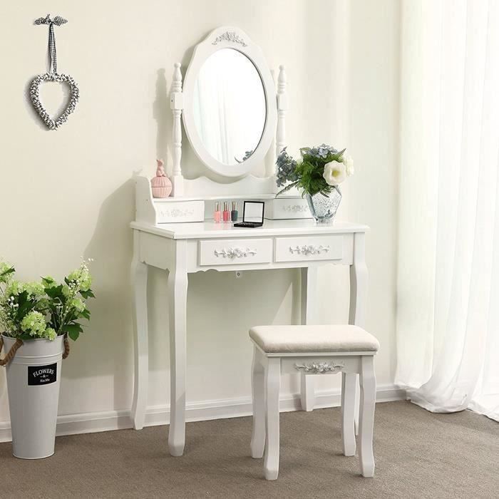 Coiffeuse avec miroir 4 tiroirs tabouret Boîte de rangement 75 x 40 x 142.5cm pTable de Maquillage Blanc Coiffeuse avec miroir 4 tiroirs tabouret Boîte de rangement 75 x 40 x 142.5cm pTable de Maquillage Blanc