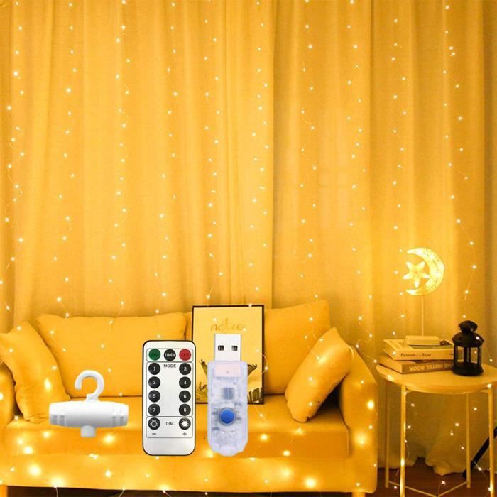 Guirlandes Lumineuse de Rideau à 300 LED 3x3m 8 Modes avec Télécommande USB  Décoration pour Rideau Noël Fête Maison - Blanche Chaude - Cdiscount Maison
