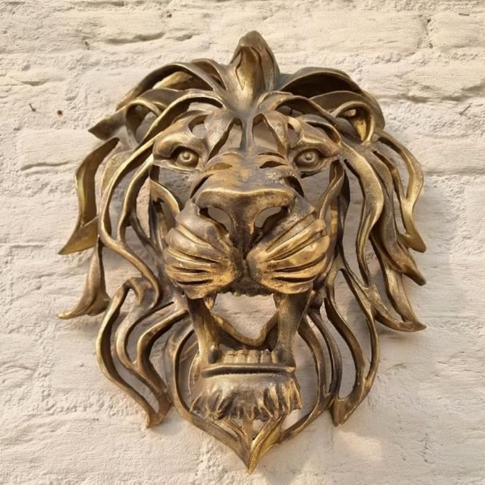 Grande Tête De Lion - Sculpture Murale En Résine Dorée - Décoration Intérieure