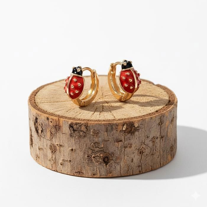 Boucles dOreilles - Enfant - Créoles - 12 mm - Coccinelle - émail - Rouge - Plaqué Or Jaune 750/1000 - 3 Microns