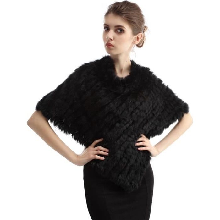 etole-poncho-veste de fourrure en lapin d'élevage véritable tricoté pt01 noir