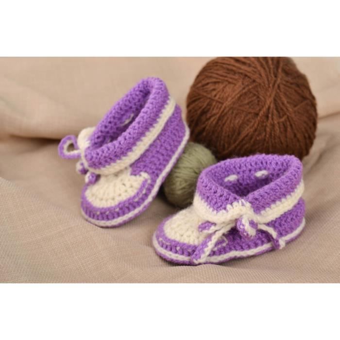 Chaussons Bebe Fait Main En Mi Laine Au Crochet Blanc Mauve Chaussures Bebe Cdiscount Pret A Porter