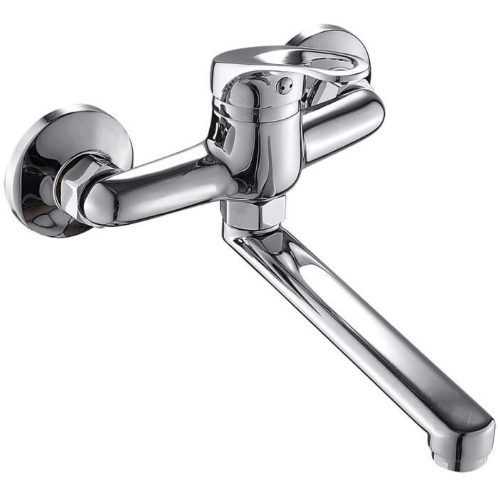 Robinet Evier 2 Trous Robinet De Cuisine Mural HomeLava - Mitigeur Monocommande Pivotant 360°, Laiton Chromé, Montage 2 Troux (130-170 Mm) Robinet Mural Cuisine