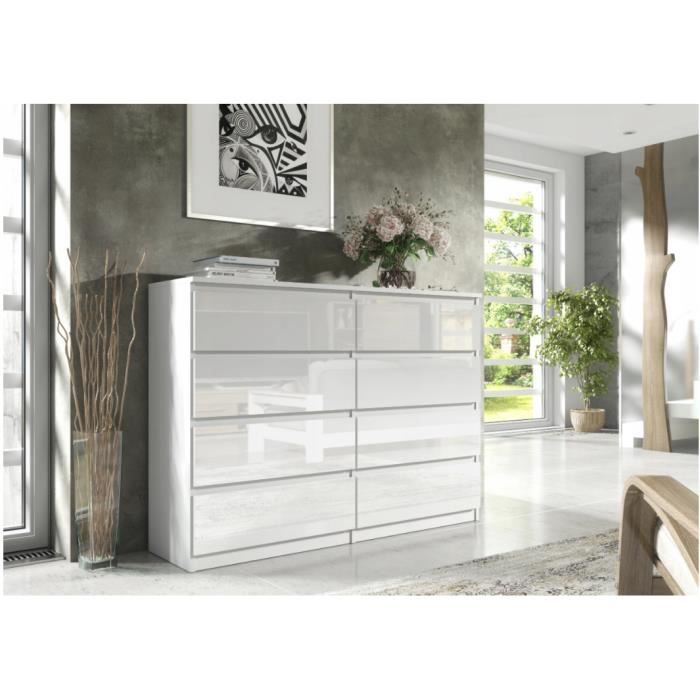 3xEliving Commode élégante et spacieuse DEMI 8 tiroirs 120cm, blanc/ blanc brillant, parfaite pour le salon, le bureau, la chambre