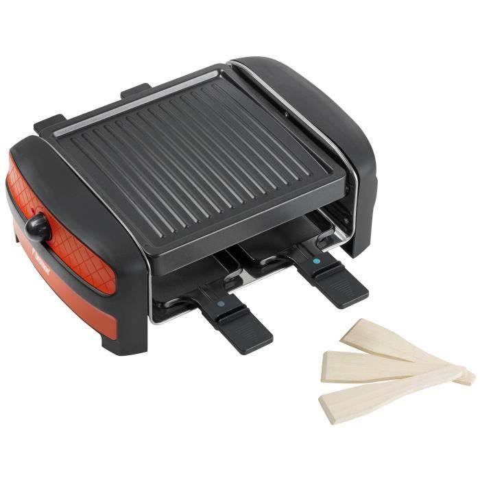 Bestron Raclette pour 1 à 2 personnes, mini barbecue de table avec deux poêlons, deux grattoirs en bois et deux soucoupes, 350 W, couleur : noir