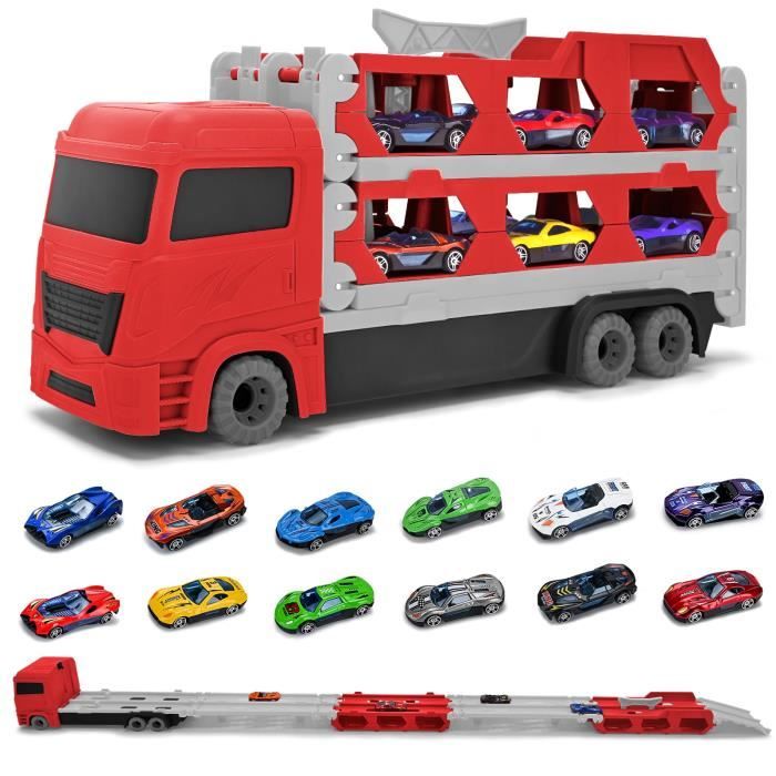Camion de Transport - BLEOSAN - Pliable Double Couche - 12 Voitures en Alliage - Jouet Enfant Garçon