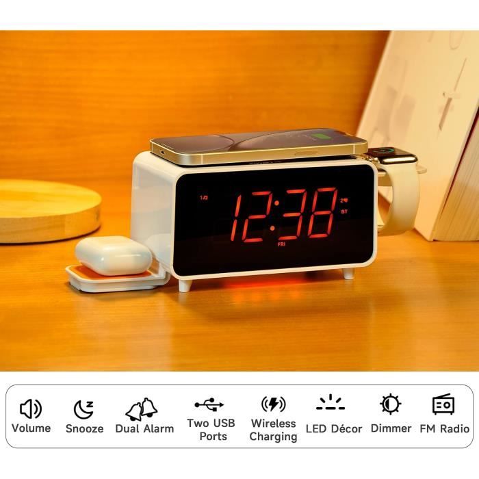 Réveil Avec Chargeur Sans Fil 15W + USB - Radio, Veilleuse Réglable, Alarme Avec Snooze - Design Moderne Noir Et Blanc