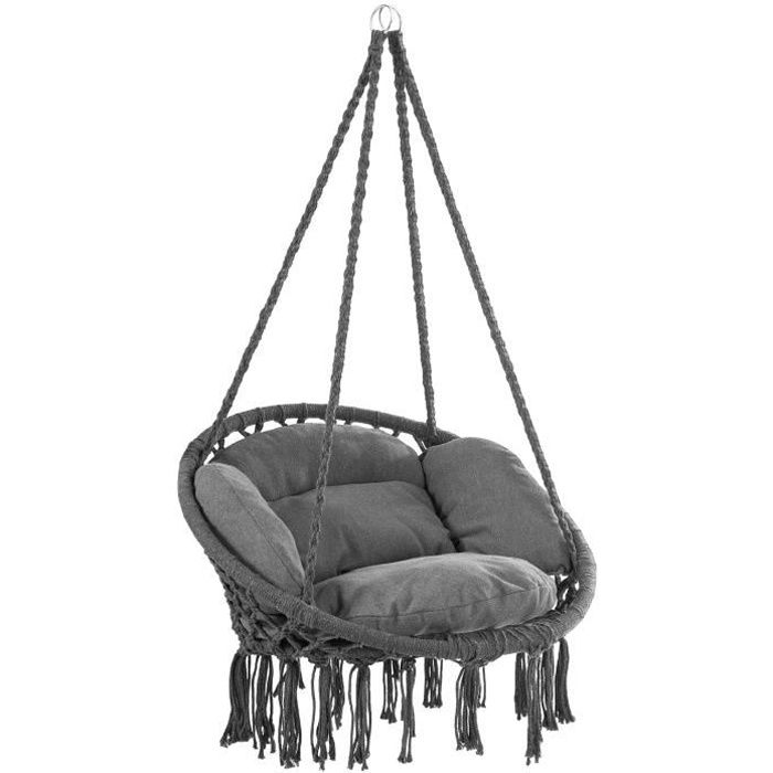 Detex Chaise suspendue Anthracite avec coussins fauteuil suspendu 1 personne hamac en coton capacité 150kg intérieur extérieur