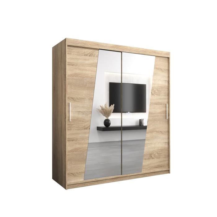 Armoire de Chambre THOR Sonoma 180 avec 2 Portes Coulissantes et Miroir Penderie (Tringle) avec étagères Sans tiroirs