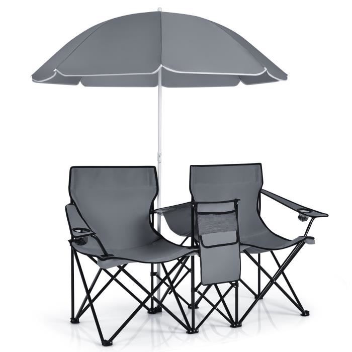 giantex chaise de camping pliante 2 places avec parasol- avec porte-gobelet +poche isotherme- fauteuil de jardin portable-gris