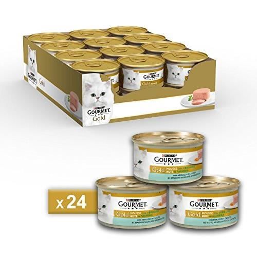 Comparer les prix de Pâtée pour Chat - GOURMET - Gourmet Gold Mousse - Cabillaud - Carottes - Lot de 24 pièces 85g