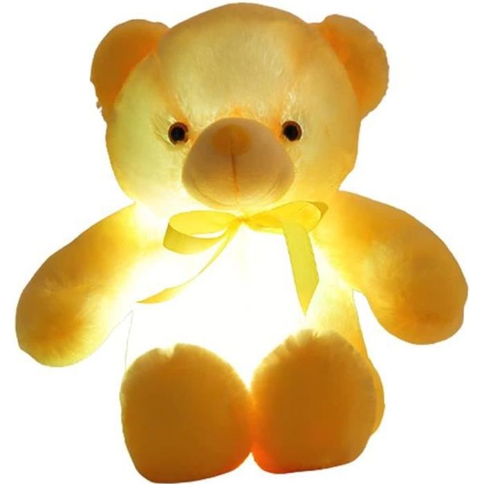 Ours en peluche lumineux, Kingcenton Veilleuse de Coussin Peluche LED noeud papillon ours peluche coloré lumière 30cm jaune